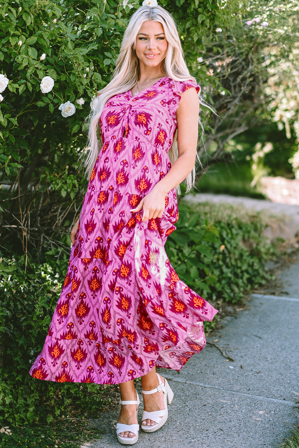 Bonbon Retro Print Twisted Front Ruffled Sleeve Maxi Kleid