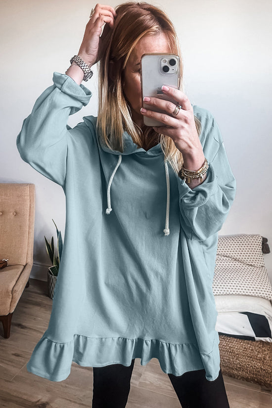 Icelandic Blue Loose Fit Tunic Hoodie with Solid Ruffle Hem