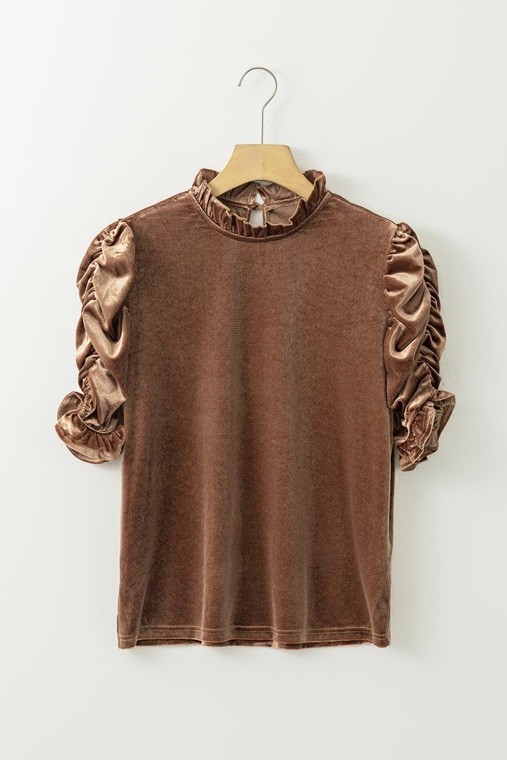 Camel Ruffen Arm Velvet Top