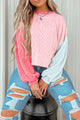 Long sleeve top and drooping shoulders in patch block bead with pink cord