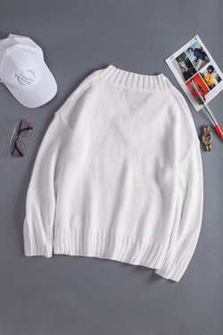 White V-neck Dropped Shoulder Knitted Sweater