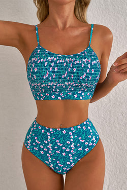 Ensemble de bikini mignon smocké à imprimé floral bleu-A WOMAN WE LOVE