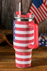 40 oz thermos goblet with American flag print in red rhinestones