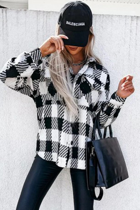 Black Plaid Jacket with Textured Flap Pocket