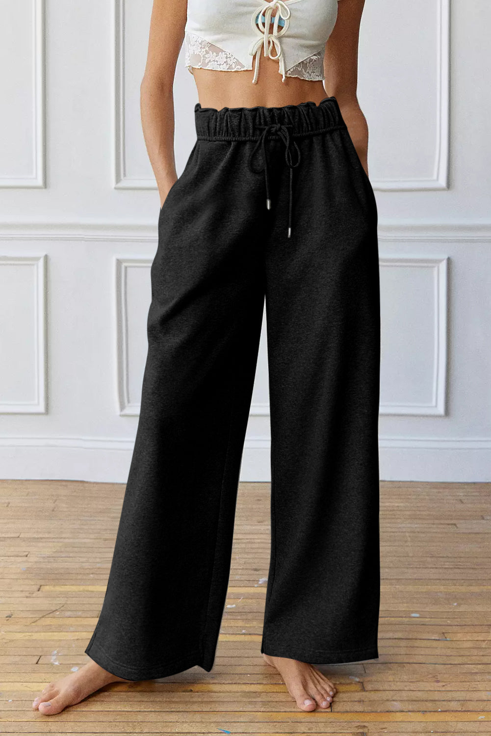 Black elastic high elastic waist surface pants with tightening cord