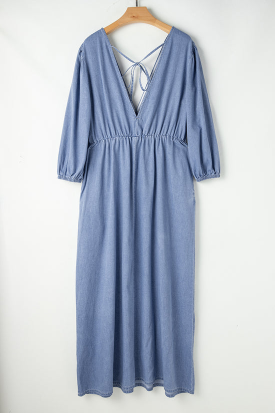 Myosotis - Robe longue en chambray à col en V profond et manches bracelet