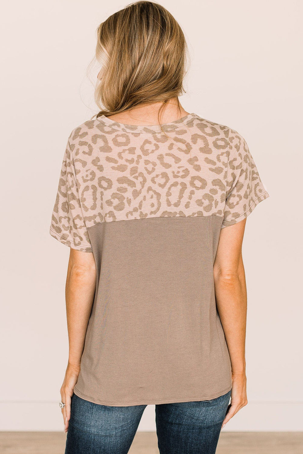 Khaki Leopard Joch Farbblock T -Shirt