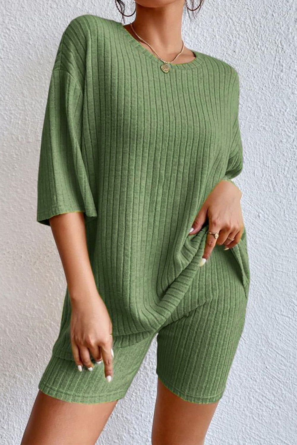 Green Solid Ribbed Loose Fit Two Piece Lounge Set