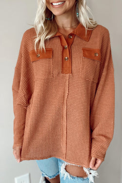 Brown waffle knit long sleeve top with buttons and contrast trim