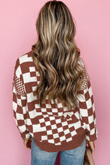 Brown sweater with round neck and dropped shoulders in a plaid print