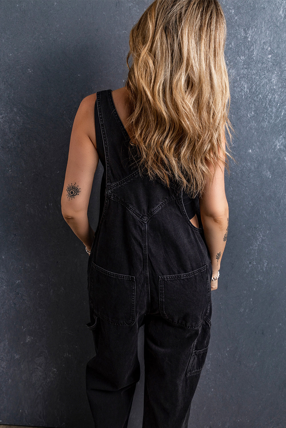 Black Adjustable Buckle Straps Multi Pocket Denim Overalls