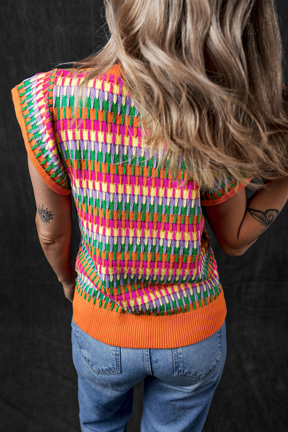 Top maglione a maglia a maglia arancione arancione multicolore