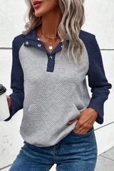 Grey textured raglan sleeve top with contrast splicing