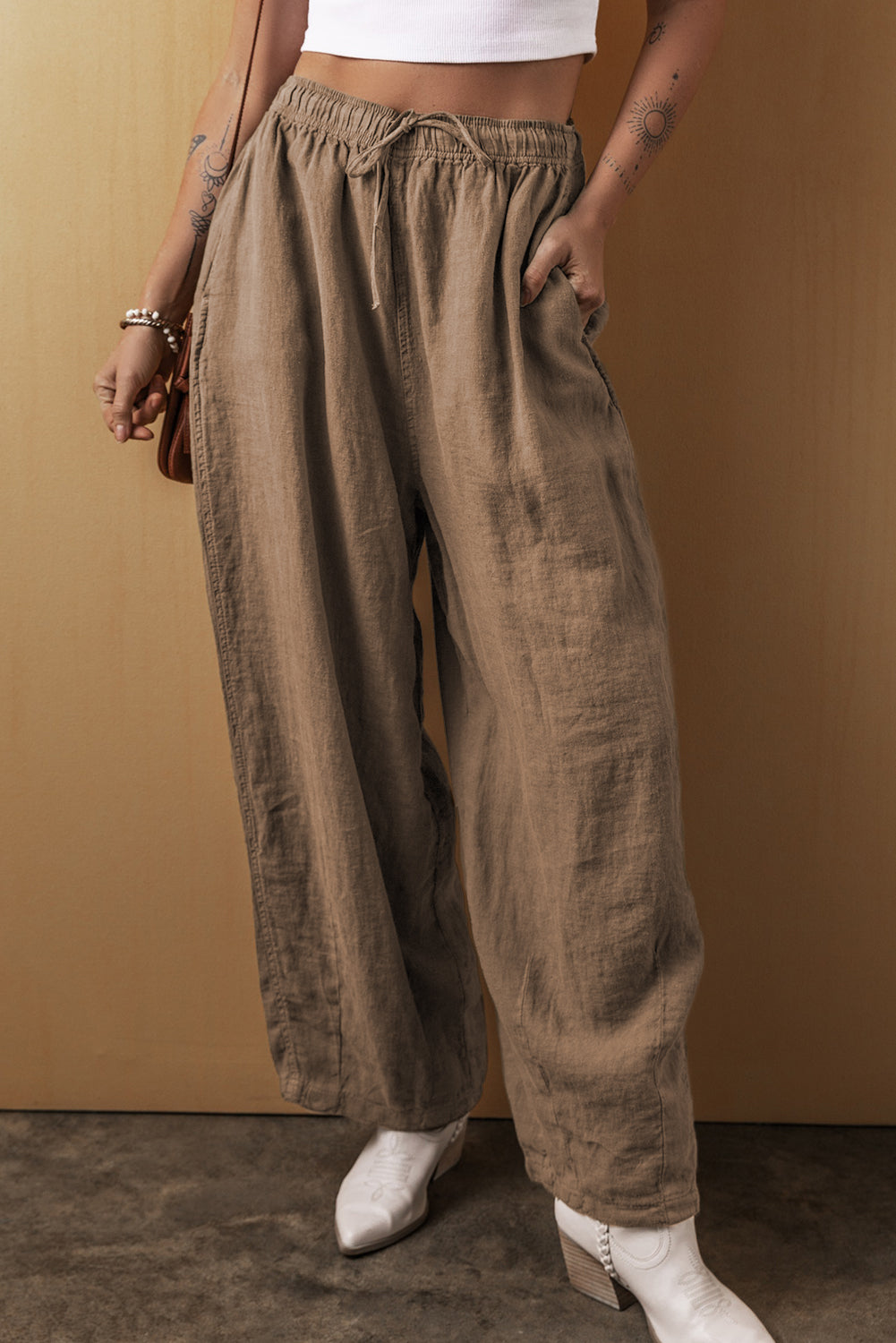 Pantalon large en coton et lin avec cordon de serrage à la taille Desert Palm