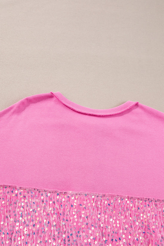 Henley sweatshirt with high and low hem in patchwork of candy sequins