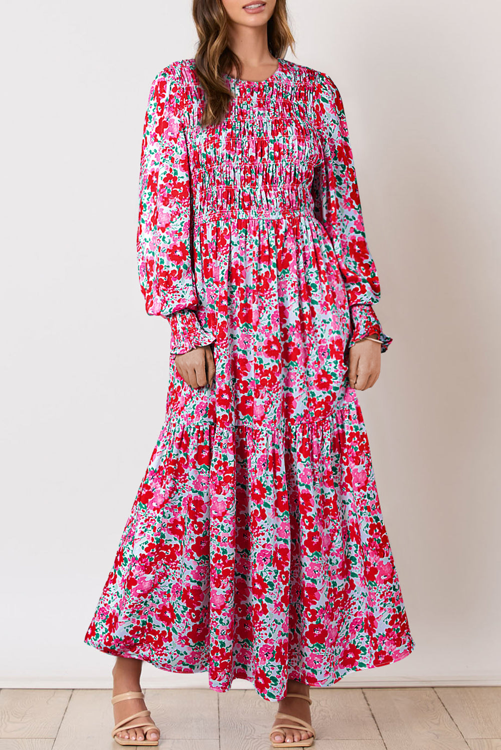 Sky Blue Floral Print Ruffled Lantern Sleeve Smocked Maxi Dress