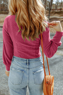 Pink U-Neck Long Sleeve Textured Top