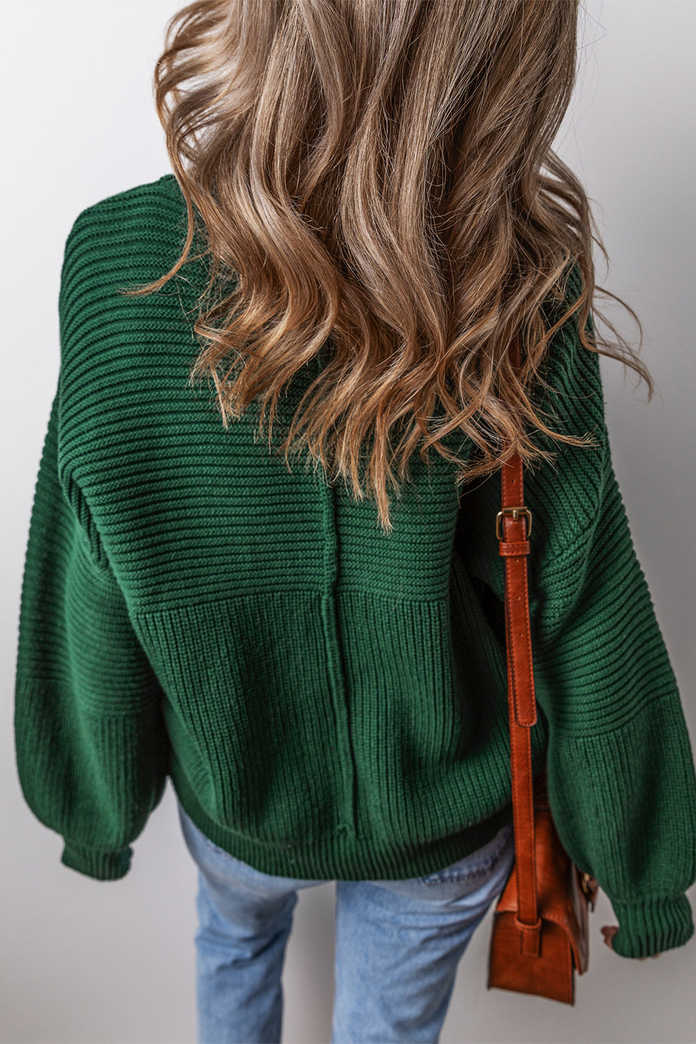 Blackish Green Textured Knit Round Neck Lantern Sleeve Sweater