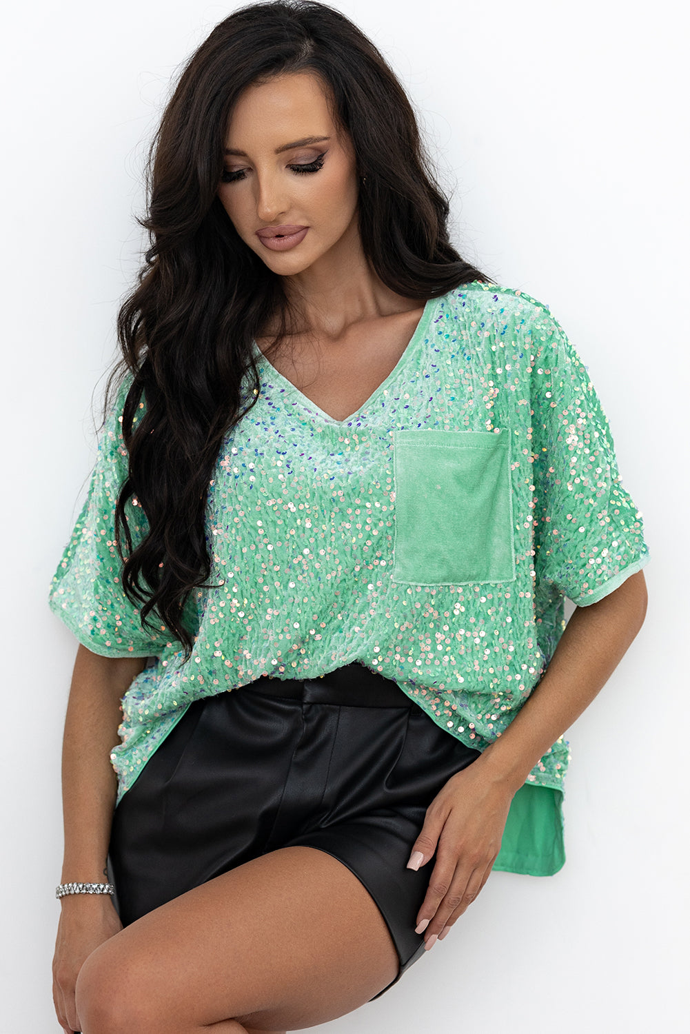 Moonlight Jade Paillistin Batwing Sleeve V Hals Velvet Bluse