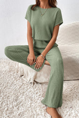 Combinaison côtelée à manches courtes et jambe large de couleur unie vert herbe-A WOMAN WE LOVE