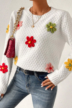 Pull en tricot texturé avec appliques de fleurs colorées blanches