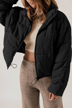 Black zipped down jackets with drawstring hem