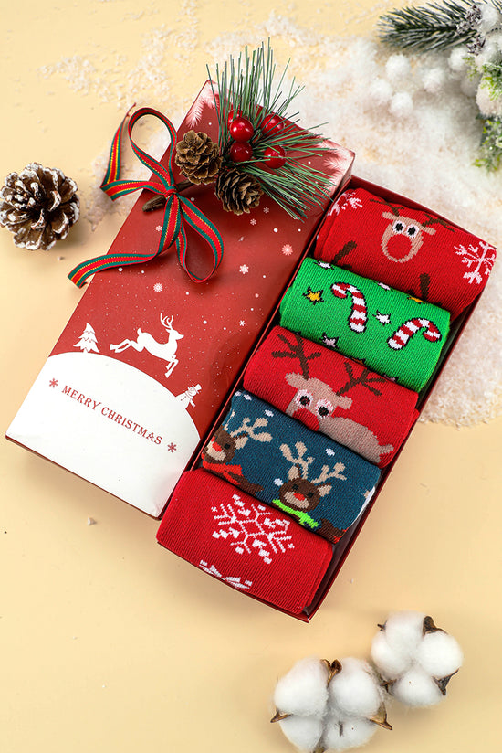 Ardiente rojo 5 pares/conjunto de calcetines flexibles en forma de impulso de dibujos animados de Navidad con caja