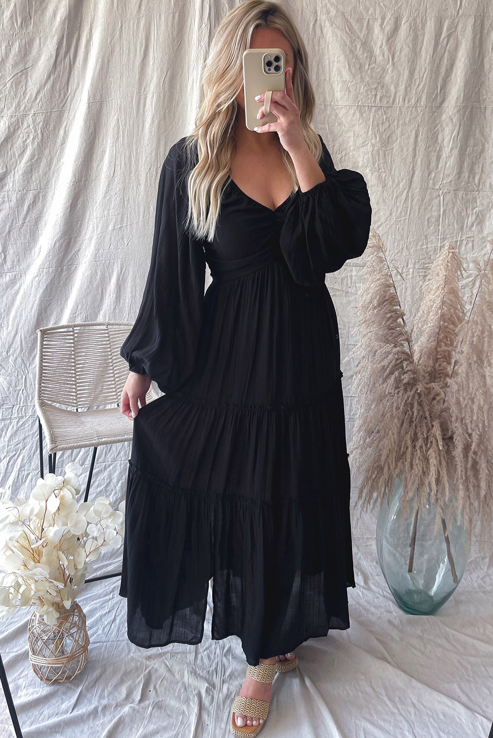 Black V Neck Bowknot Coupte Frill Tiered Maxi Robe