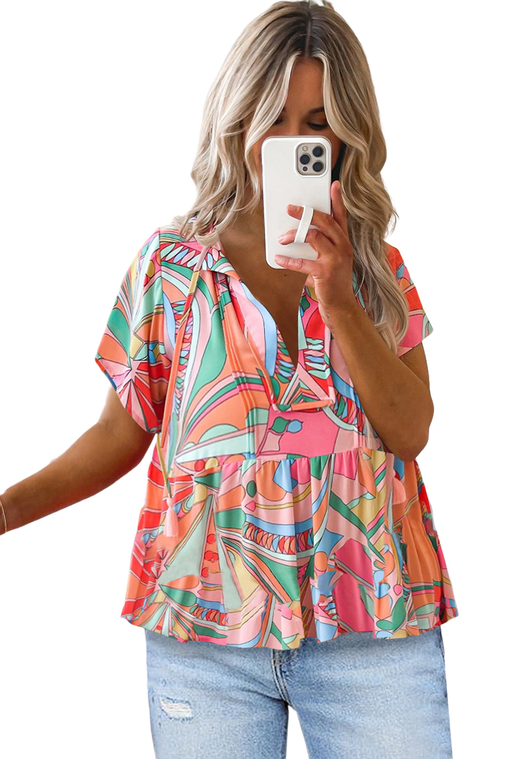 Multicolor Boho abstrakte Muster Split v Hals fließende Bluse