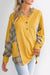 Yellow Henley Hoodie with Pockets and Waffle Knit Plaid Patchwork