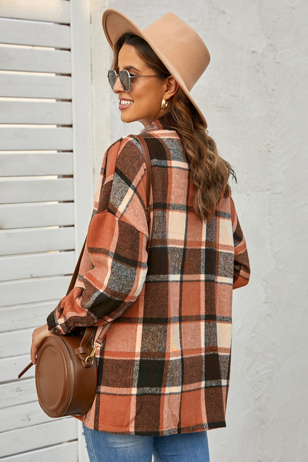 Orange Plaid Button Down Shirt Jacket