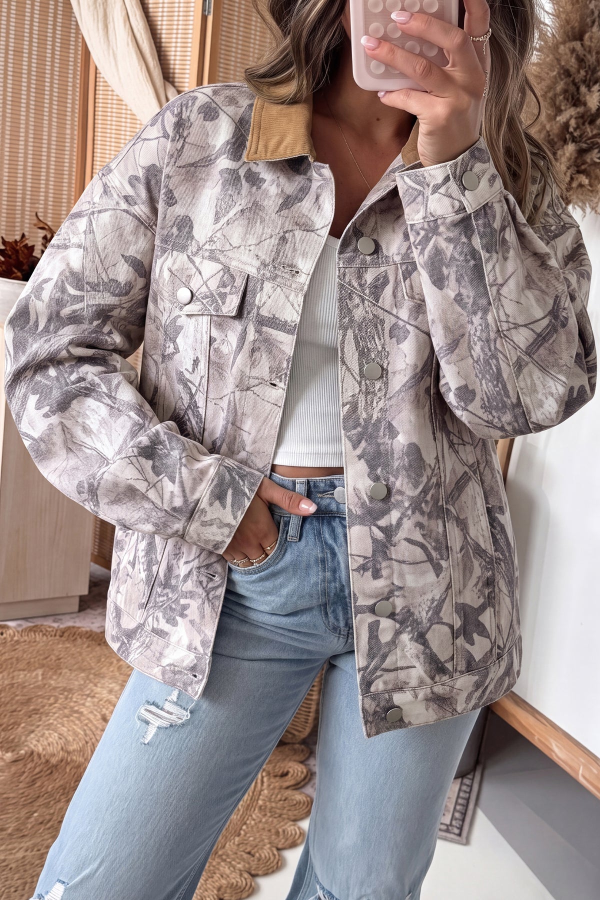 Gray Abstract Camo Print Colorblock Collar Oversized 100% Cotton Denim Jacket