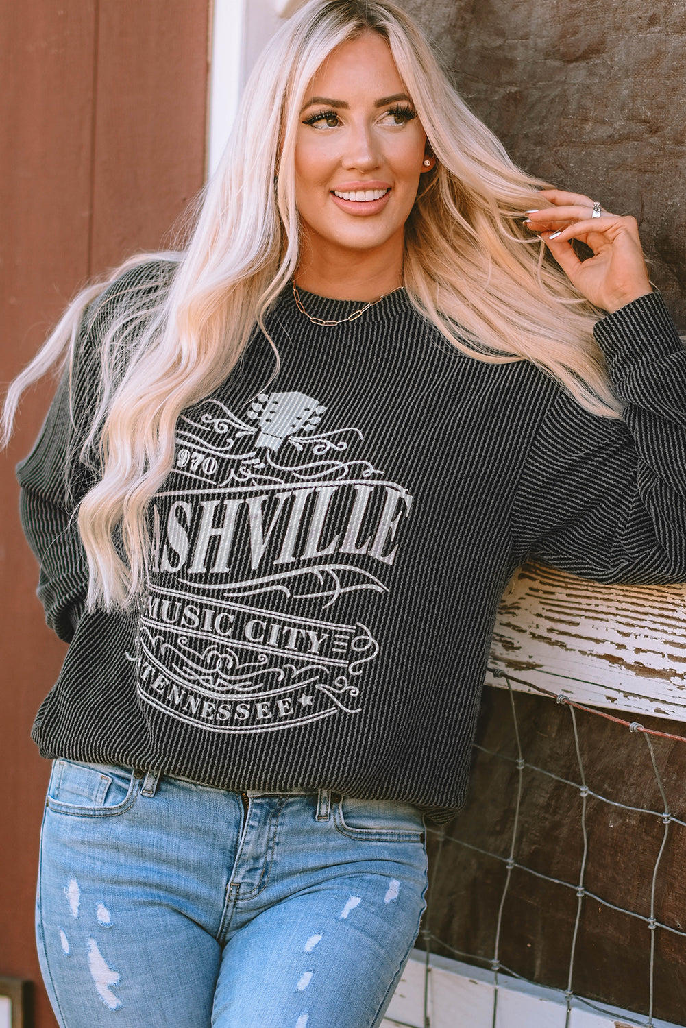 Black Nashville Music City Corded Graphic Sweatshirt