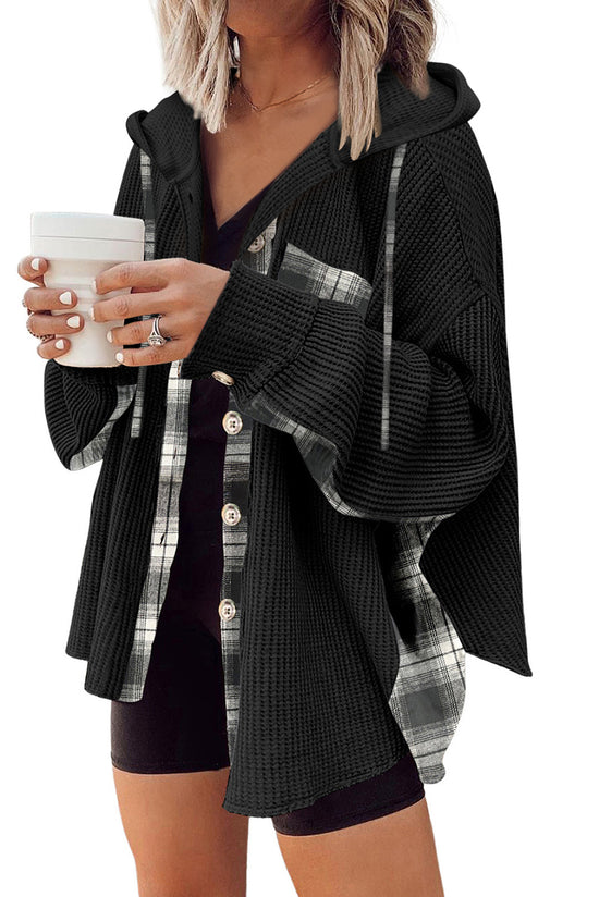 Black Plaid Patchwork Waffle Knit Hooded Jacket with Drawstring