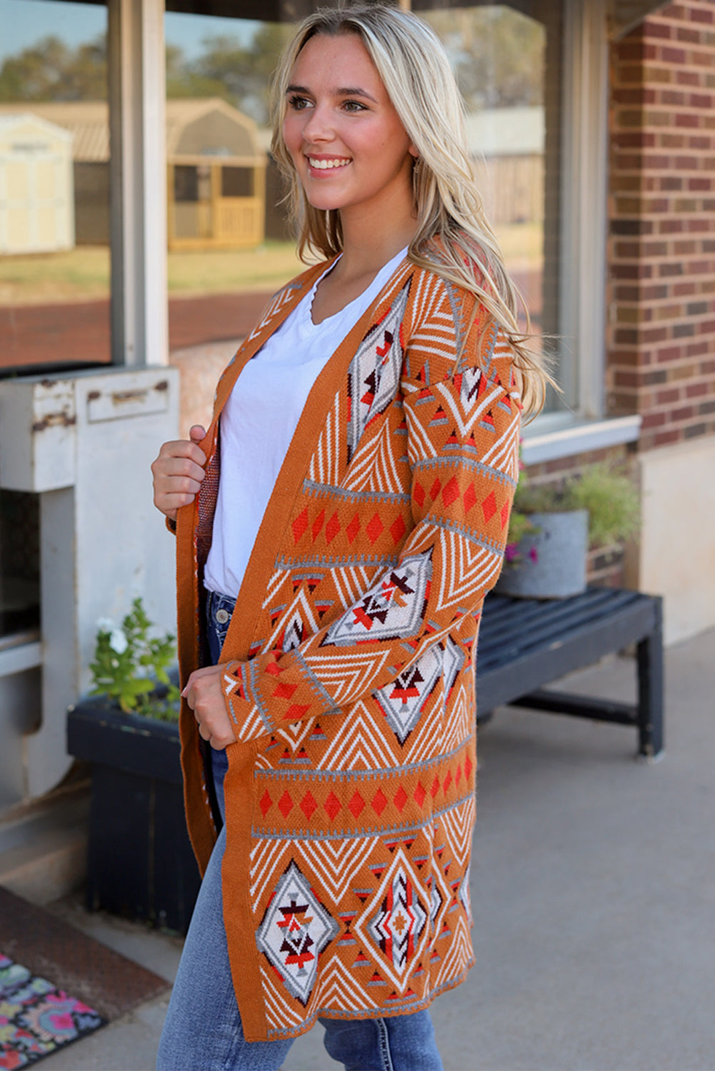 Brown Aztec Geometric Knit Open Front Cardigan