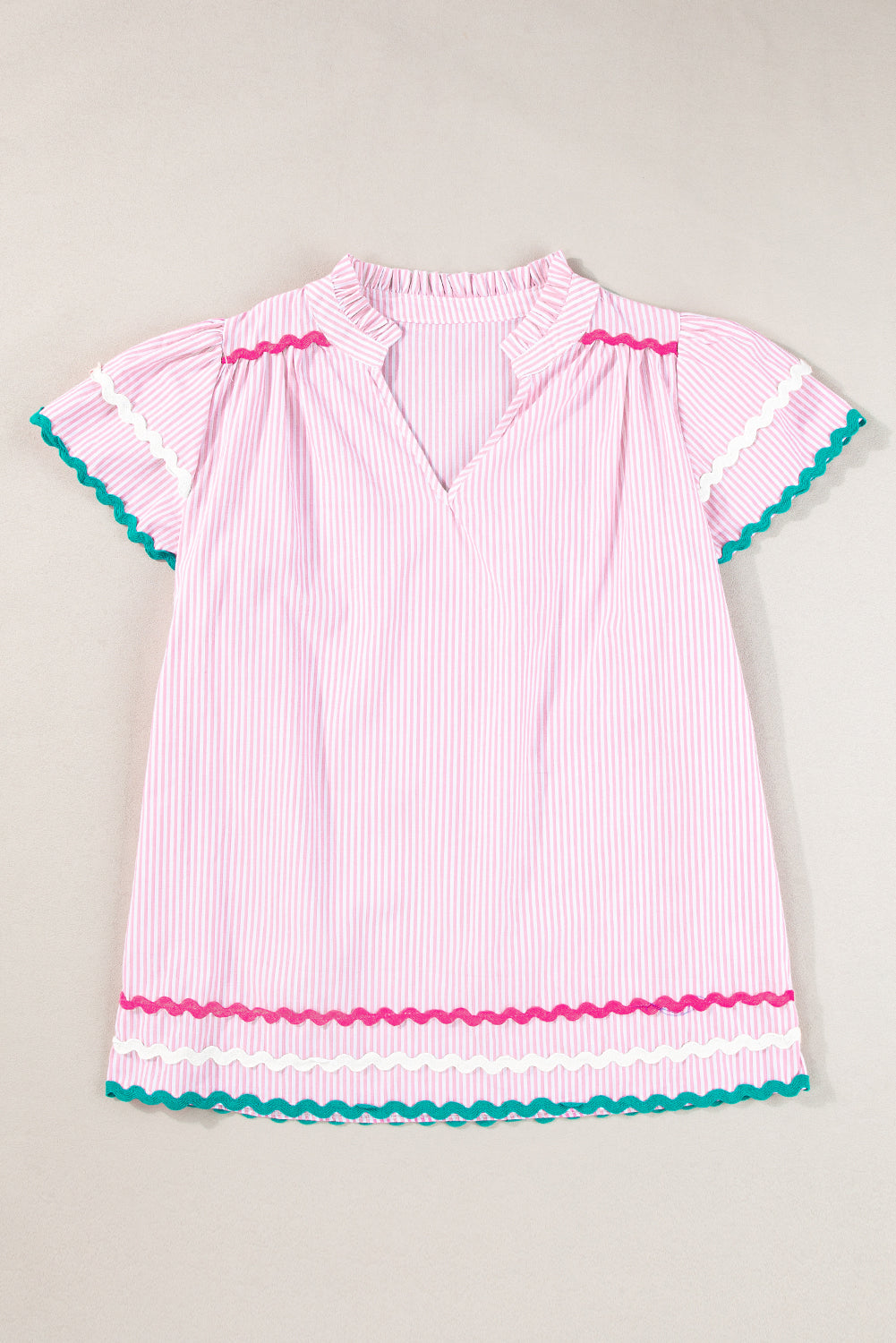 Pink Stripe Ricrac Trim Split Neck Striped Ruffled Sleeve Blouse