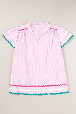 Ricrac striped pink blouse and split collar, striped, ruffle sleeves