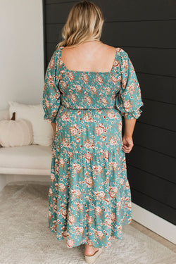 Smocked long dress with floral print and large green square collar