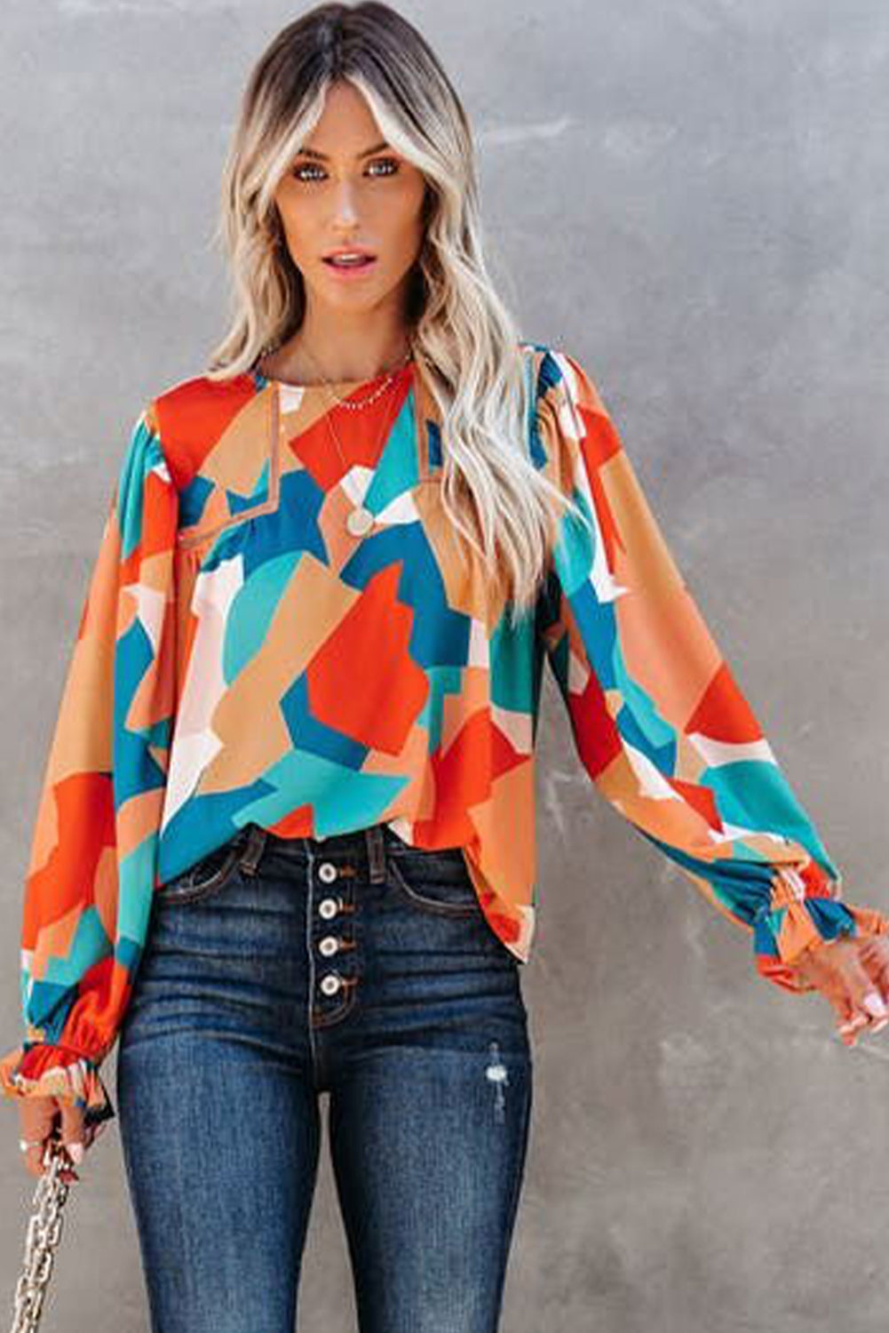 Multicolor abstrakte Muster Crewneck gekräuselte Puffhülle Bluse