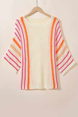 Lightweight knitted sweater with wide sleeves and white striped details