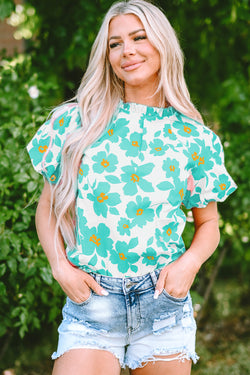 Flower verde blusa con mangas hinchadas *