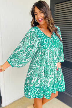 Green Bohemian Print V-Neck Tie Front Puff Sleeve Flared Mini Dress