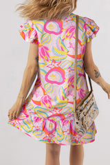 Robe boutonnée à manches flottantes et à volants floraux abstraits rose