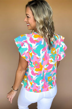 Multicolored blouse with abstract print and notched collar with floating sleeves