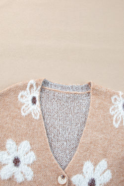 Cardigan boutonné en tricot à col en V et imprimé floral gris fumée