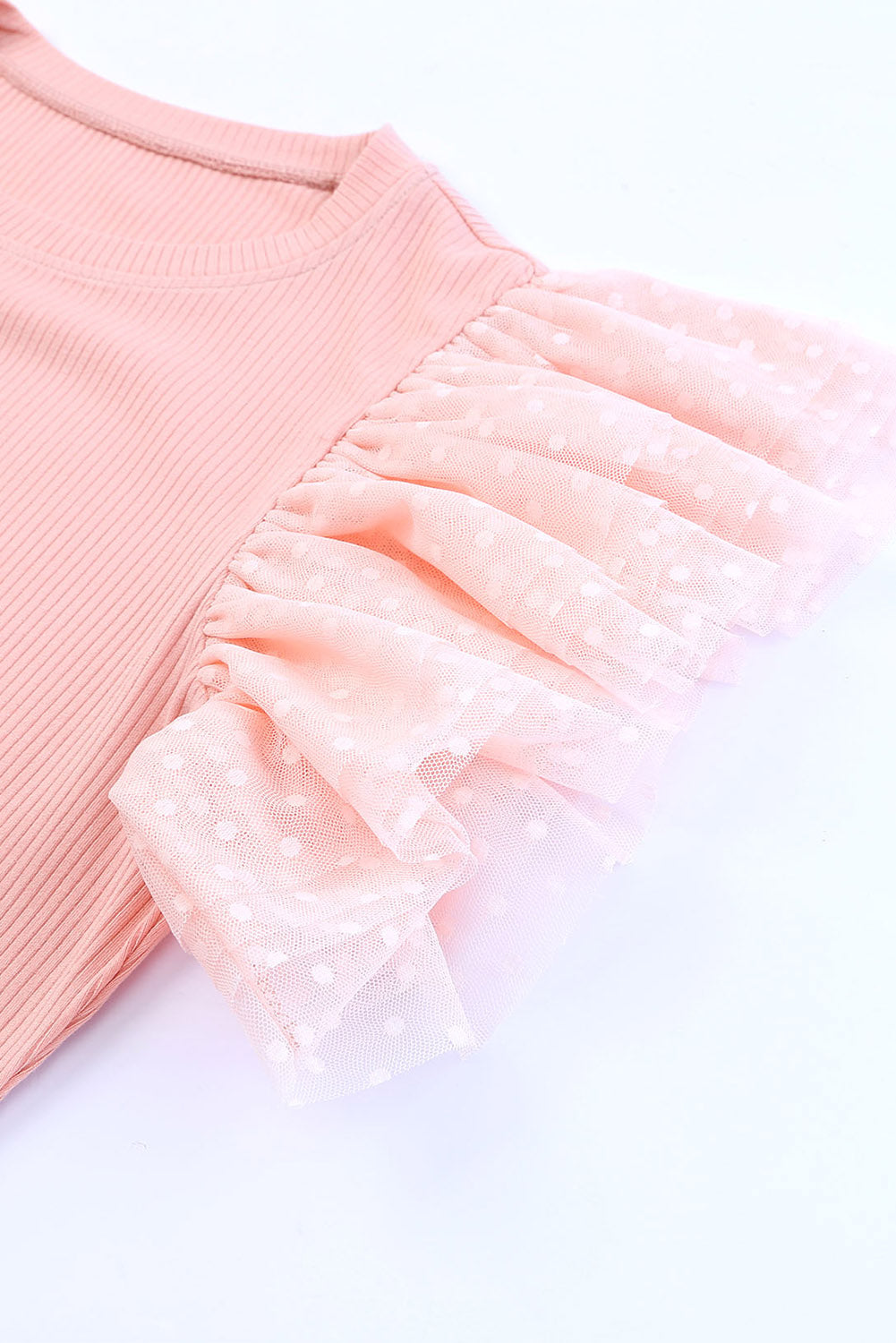 Pink Dotty Mesh Ruffle Sleeve Ribbed Knit Top