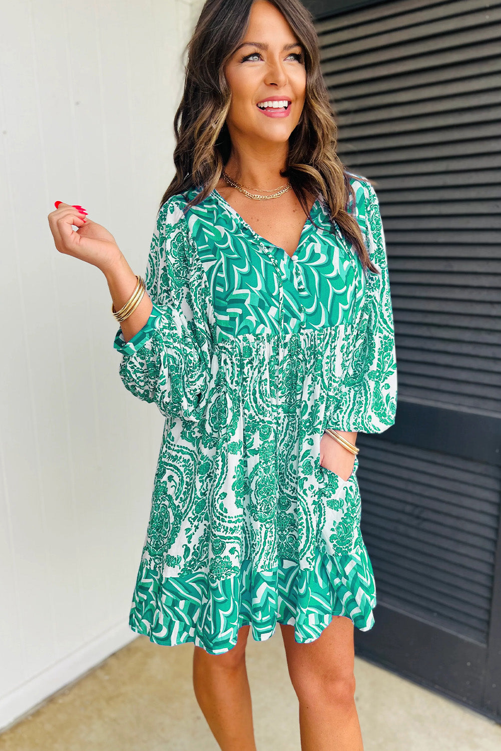 Green Bohemian Print Puff Sleeve Tied V Neck Flared Mini Dress