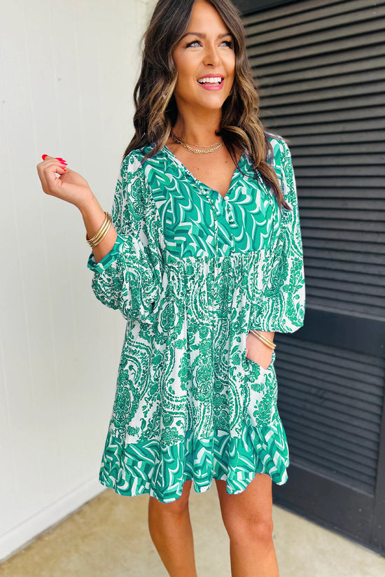 Green Bohemian Print V-Neck Tie Front Puff Sleeve Flared Mini Dress