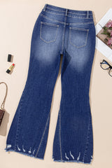 High-waisted, double-button, distressed, raw-hem, sail blue flared jeans
