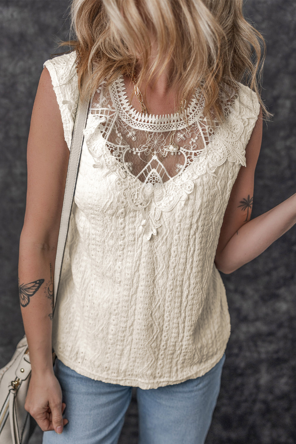 Débardeur en dentelle guipure au crochet au dos avec trou de serrure abricot-A WOMAN WE LOVE